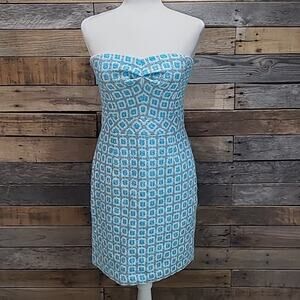 Trina Turk Cora Strapless Tweed Dress Blue White Grey Sz 8